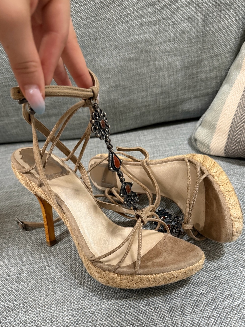 Vintage Dior Espadrille Lace-Up Heels with Jewel T-Strap